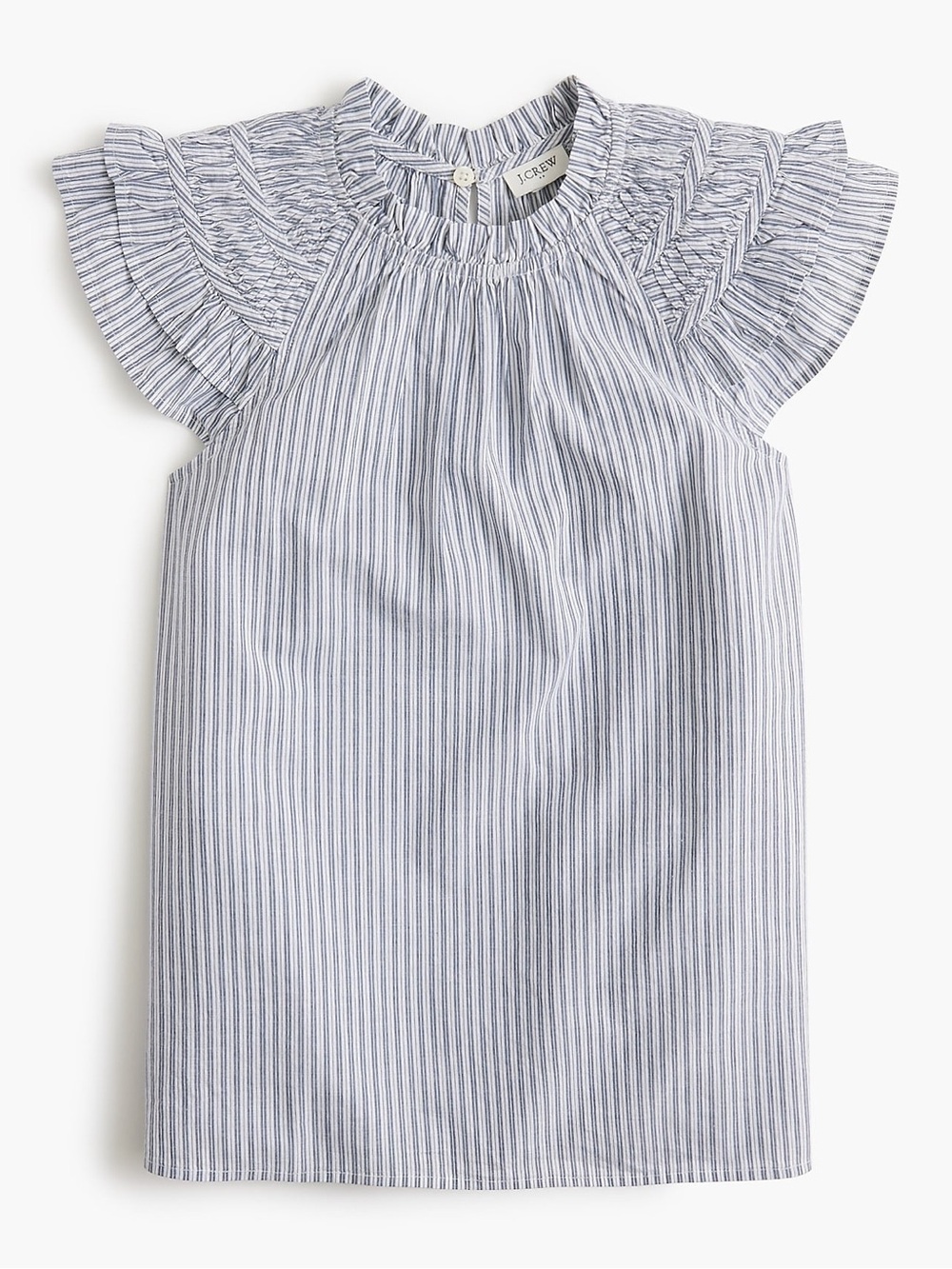 J.CREW Women’s Flutter-Sleeve Blue Striped Blouse Size L 100% Cotton Top Ruffle